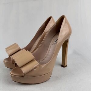 Miu Miu Womens Nude‎ Beige Patent Leather Peep Toe Platform Bow Heels Size 37